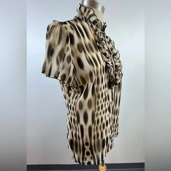 East 5th Semi-Sheer Spotted Print Ruffled High Collar Blouse, sz. MD - Picture 12 of 13